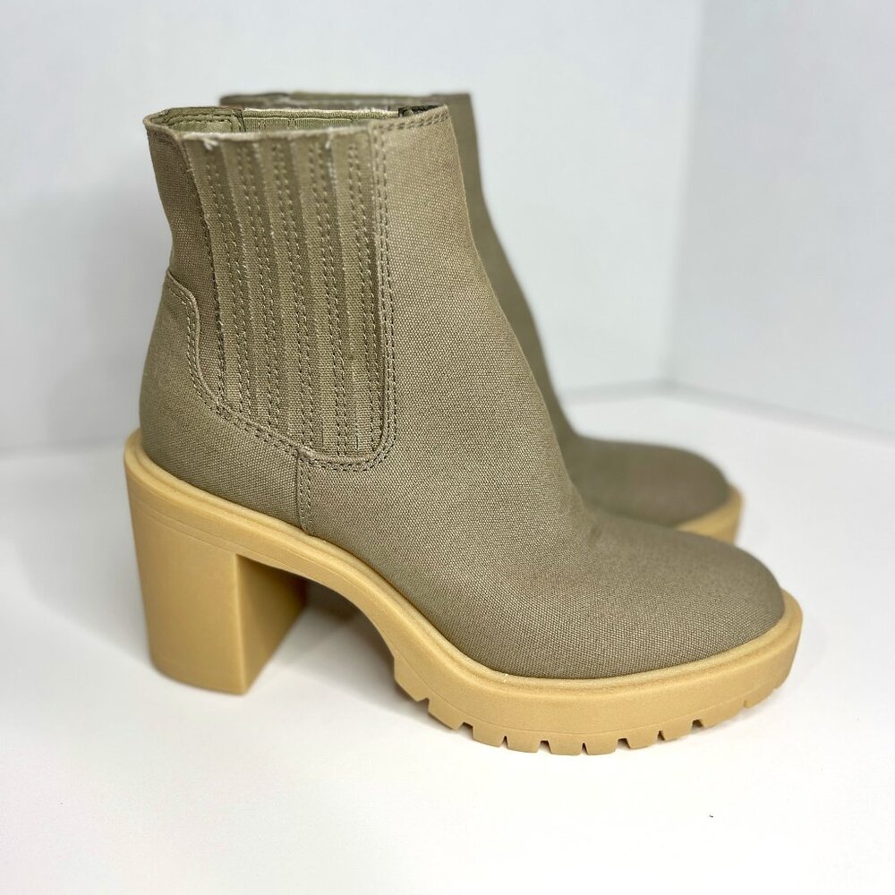 Dolce Vita Caster Sage Canvas Pull On Chunky Block Heel Fashion Ankle Boots, 8